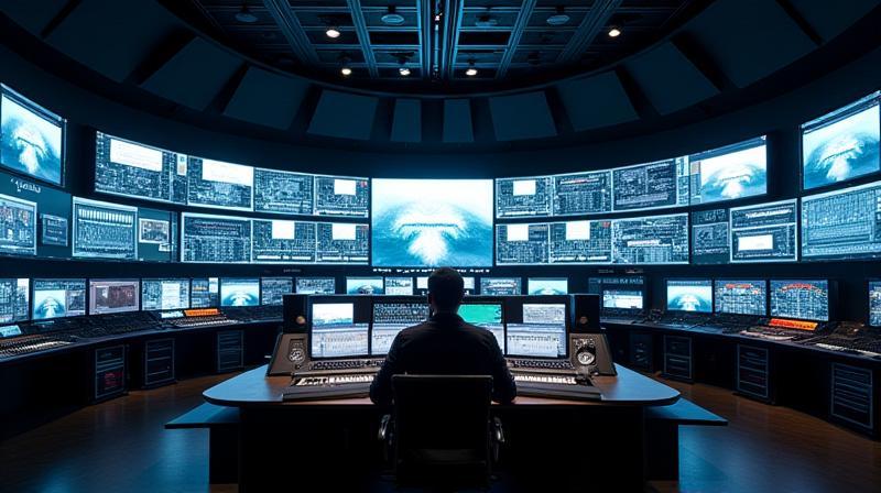 A modern media control room with multiple monitors, mixing desks, and technical equipment.