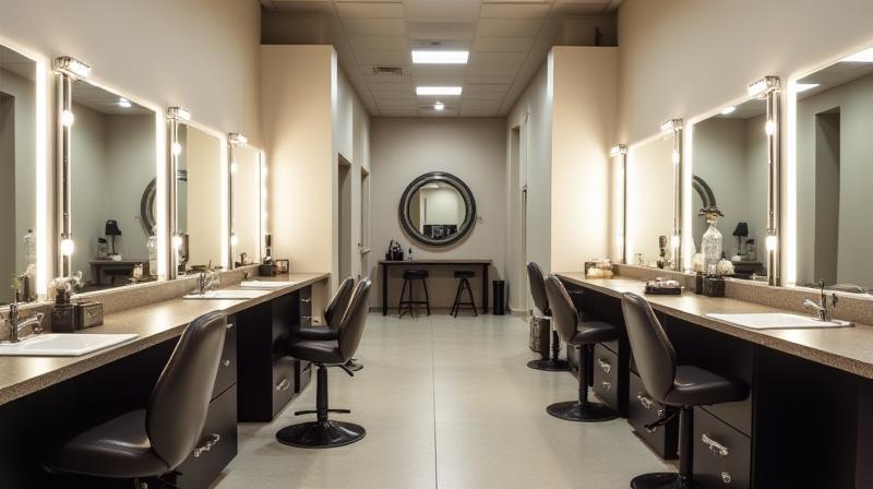 A clean and well-lit makeup and dressing room area with mirrors and seating.
