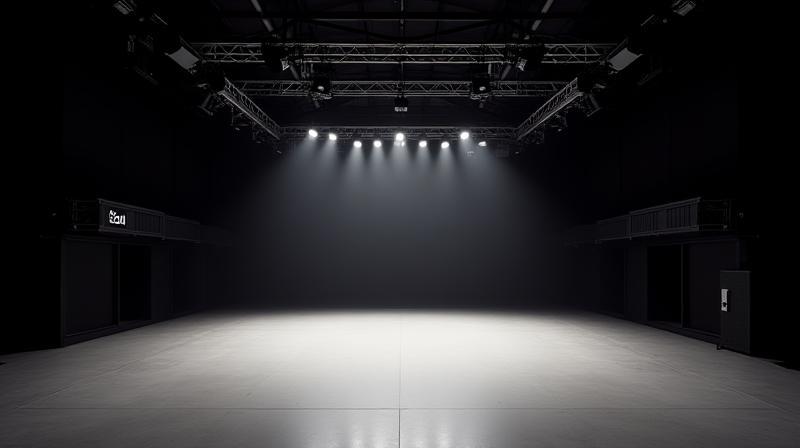Interior of Studio A at Pacific Horizon Media, a spacious sound stage with overhead lighting grid.