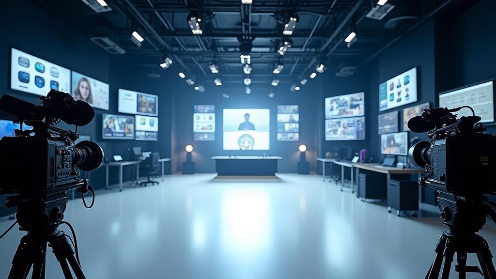 Wide shot of a professional media production studio with modern equipment and lighting setup.