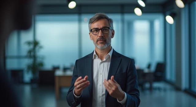 A professional speaker presents to camera in a modern, well-lit studio setting, likely for a corporate video.