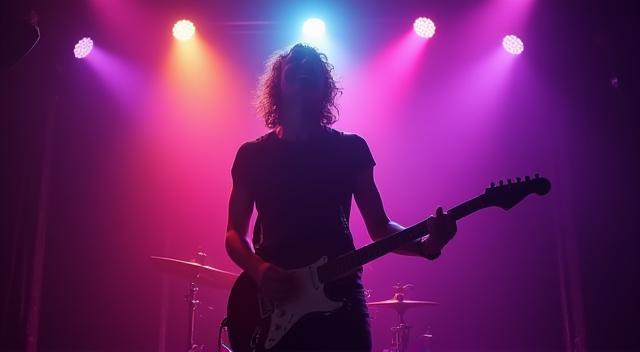 A musician performs under creative, colourful studio lighting during a music video production.