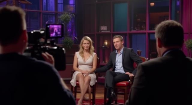 A dynamic scene from a talk show filmed in a professional studio with a host and guest on stage.