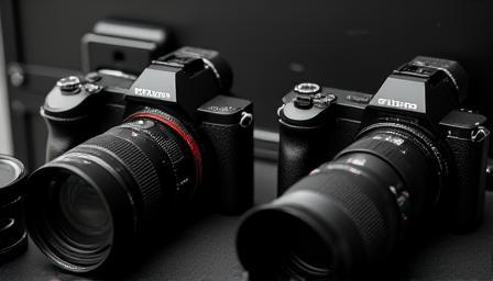A close-up view of professional camera and lens equipment laid out on a table, ready for a shoot.