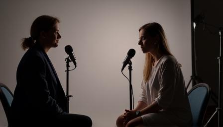 A person is being interviewed in a studio setting, speaking into a microphone under professional studio lights.