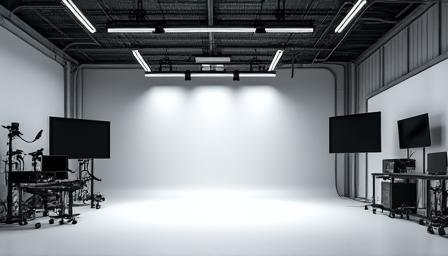 Interior view of a modern professional production studio space with lighting rigs and equipment.
