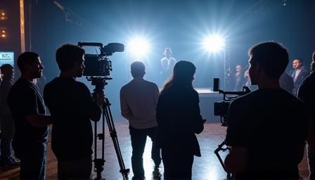 A camera crew actively filming on a television production set, capturing a scene with professional lighting.